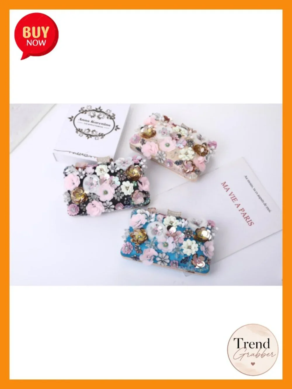 Flower Embellished Evening Clutch with Detachable Chain Strap